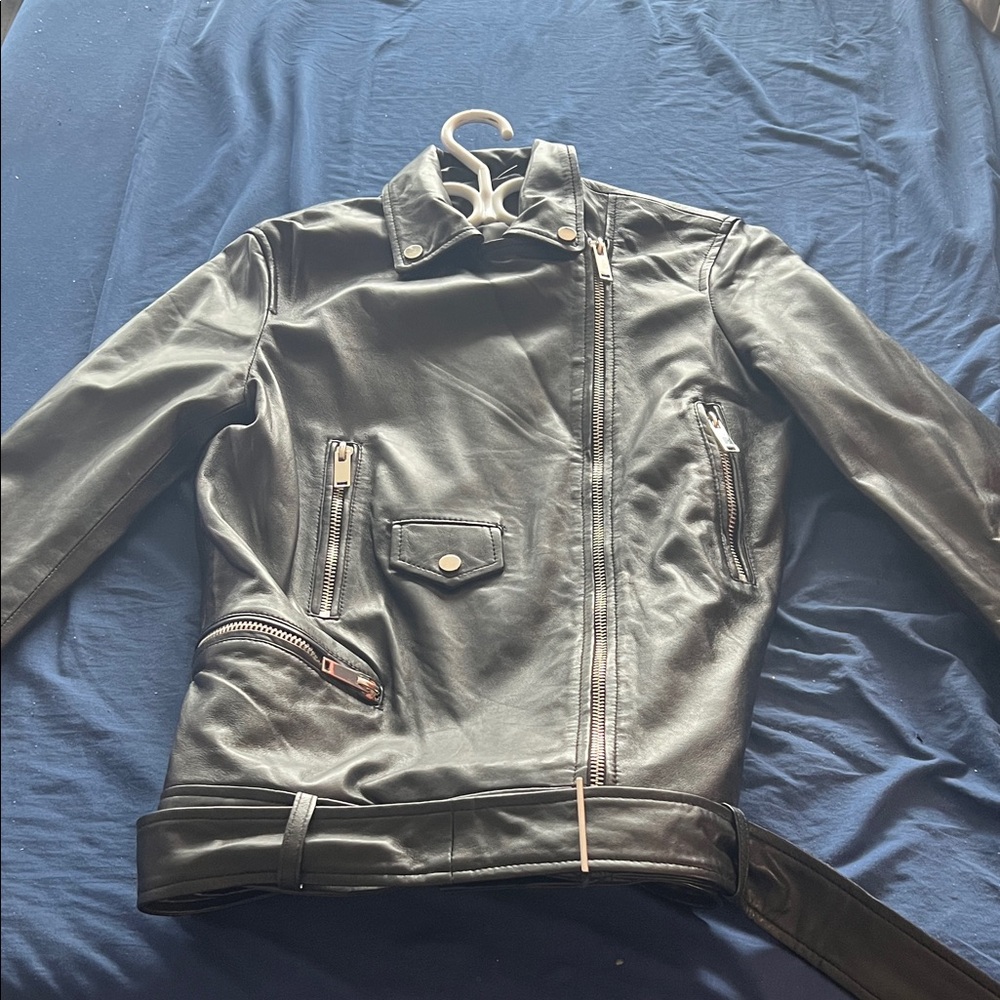 Aldo Black Leather Moto Jacket with Belt